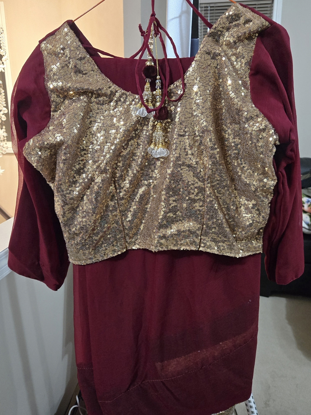 Sequin Party Saree in Burgundy and Gold - Women
